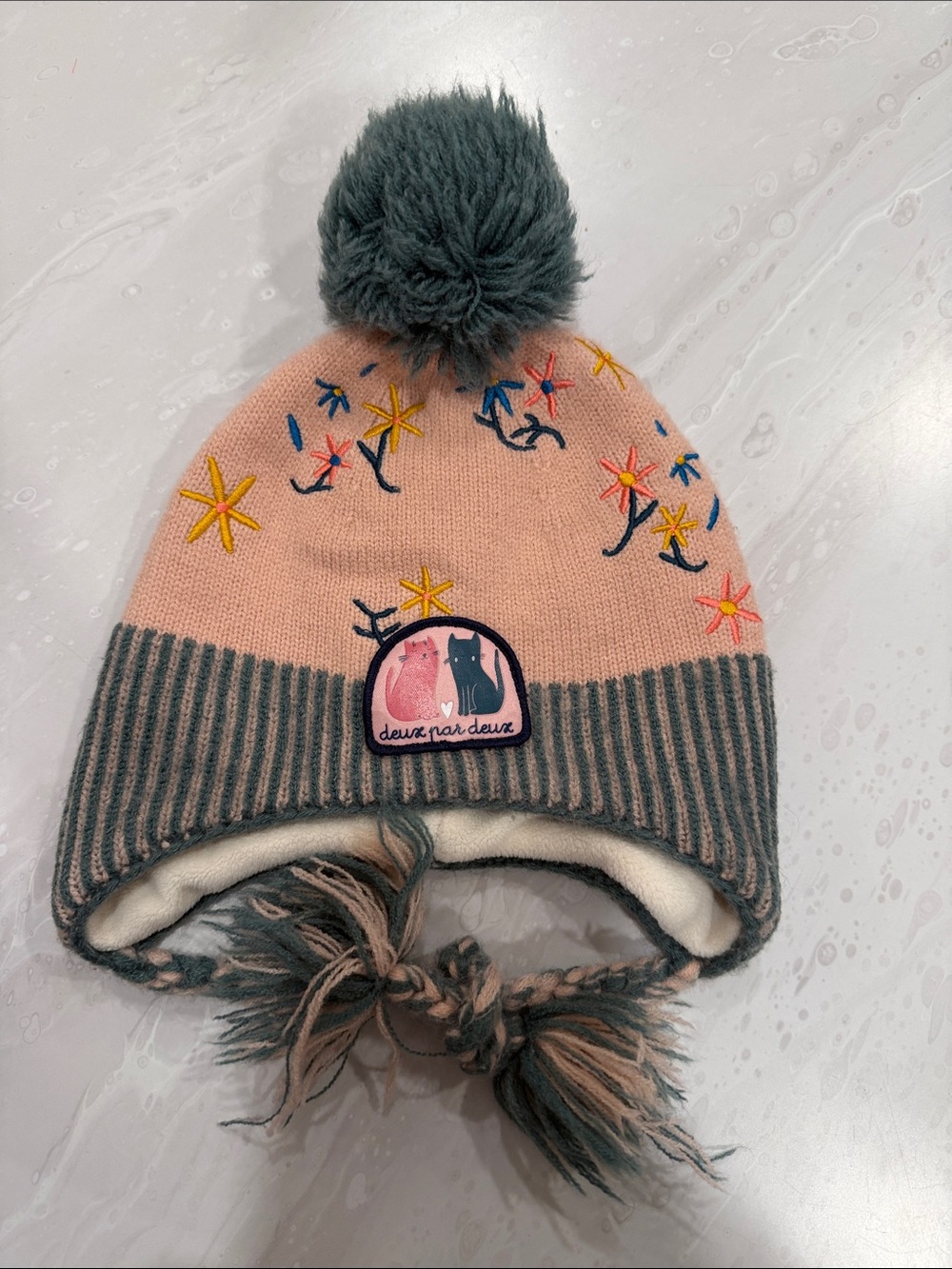 18-24M deux par deux Pink and Gray Star Embroidered Pom Pom Earflap Hat